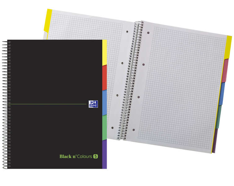Oxford Black N'Colours Europeanbook A4+ Cuaderno Espiral 100 Hojas Cuadricula 5x5 - Tapa Extradura Resistente - Pestañas Troqueladas - Color Negro · Pack de 5 uds.