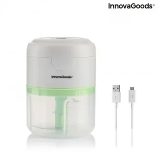 Innovagoods Echoppie Mini Picadora Recargable - Potencia 40W - Capacidad 250ml - Cuchillas de Acero Inoxidable - Bateria de 1300mAh - Velocidad de 30.000rpm - Color Gris, Verde y Transparent