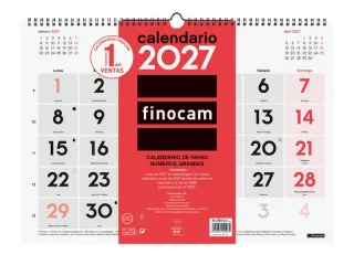 Finocam Neutro Calendario de Pared - Anual 2027 - Mes Vista - Formato L - 430x310mm - Espiral Doble - Papel de 120g/m2 - Numeros Grandes - Color Rojo y Blanco