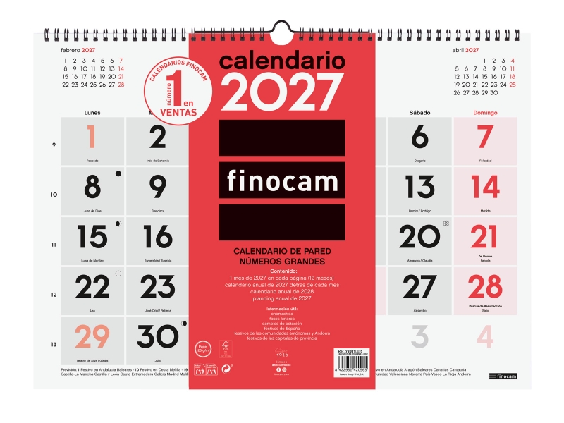 Finocam Neutro Calendario de Pared - Anual 2027 - Mes Vista - Formato L - 430x310mm - Espiral Doble - Papel de 120g/m2 - Numeros Grandes - Color Rojo y Blanco