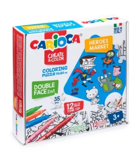 Carioca Coloring Puzzle Super Heroes & Market Puzzle de 35 Piezas a Doble Cara para Colorear + 12 Rotuladores - Carton Duro y Encajes Precisos para Facil Montaje - Colores Surtidos