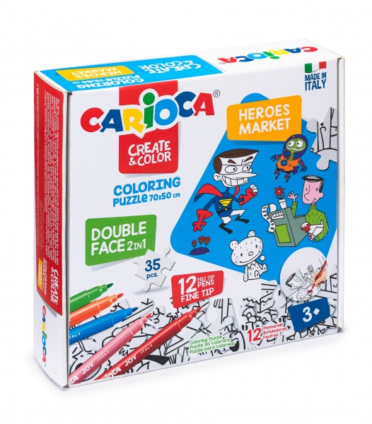 Carioca Coloring Puzzle Super Heroes & Market Puzzle de 35 Piezas a Doble Cara para Colorear + 12 Rotuladores - Carton Duro y Encajes Precisos para Facil Montaje - Colores Surtidos