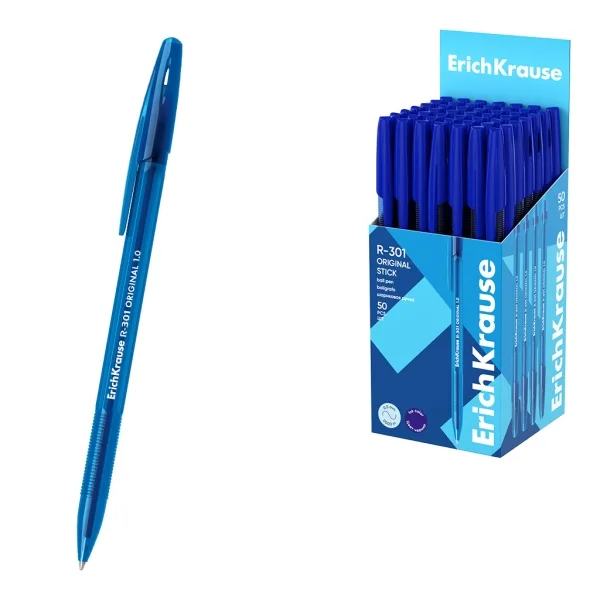 ErichKrause R-301 Stick Original Boligrafo con Capuchon - Punta de 1.0mm - Cuerpo Transparente - Trazo 0.5mm - Tinta de Secado Rapido - Tapa Ventilada - Color Azul · Pack de 50 uds.