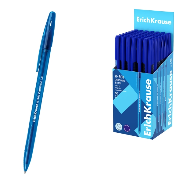 ErichKrause R-301 Stick Original Boligrafo con Capuchon - Punta de 1.0mm - Cuerpo Transparente - Trazo 0.5mm - Tinta de Secado Rapido - Tapa Ventilada - Color Azul · Pack de 50 uds.