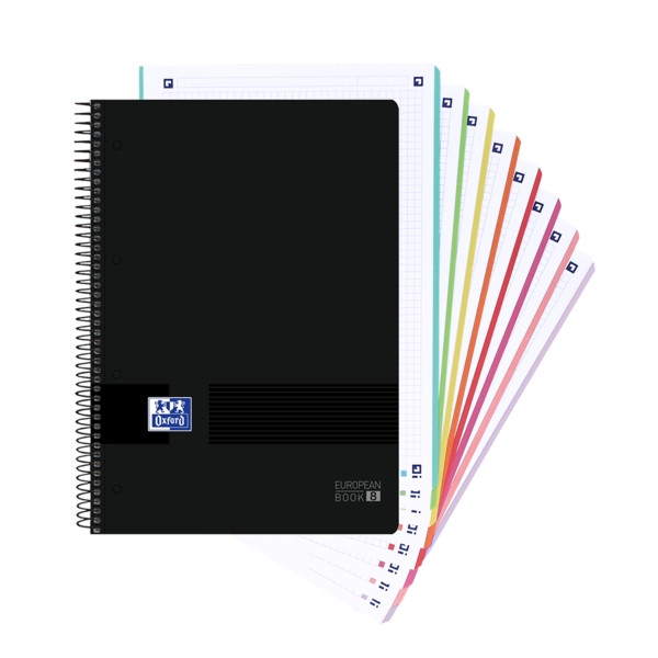 Oxford Europeanbook 8 Live & Go Cuaderno Espiral A4+ 160 Hojas Cuadricula 5x5 - 8 Bandas de Color - Tapa de Plastico Resistente - Color Negro · Pack de 5 uds.