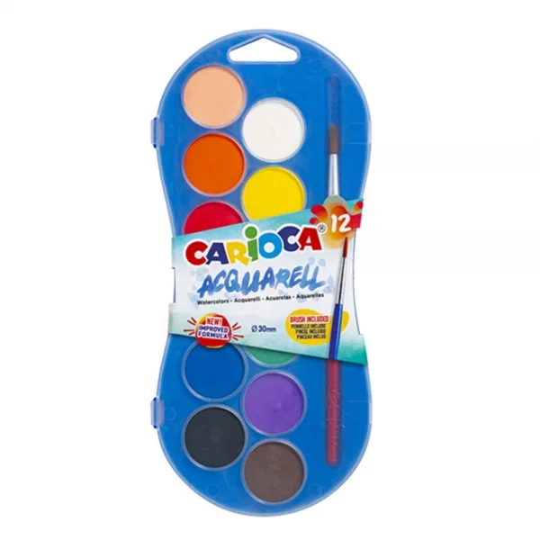 Carioca Acuarell Pack de 12 Acuarelas en Pastillas de Ø 30mm - Brillantes - Facilmente Mezclables - Colores Surtidos
