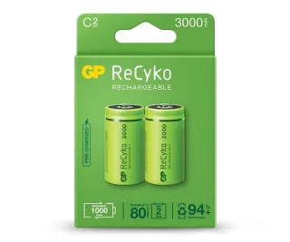 GP ReCyko Pack de 2 Pilas Recargables 3000mAh C 1.2V - Precargadas - Ciclo de Vida: Hasta 1000 Veces