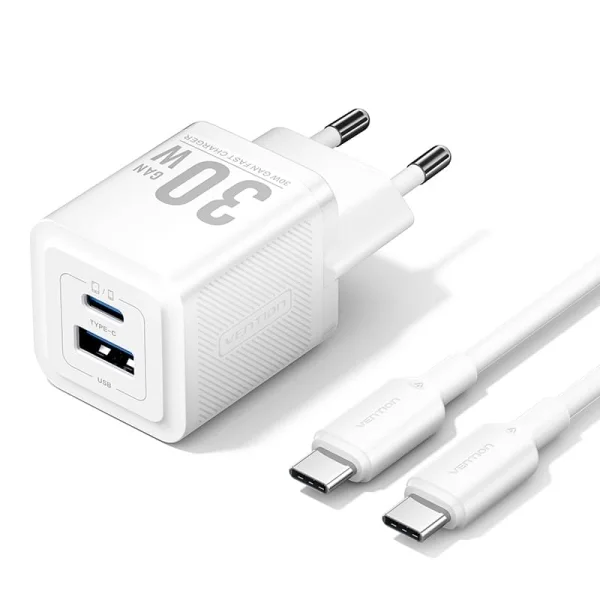 Vention Cargador de Pared GaN USB-C 30W - Cable USB-C 1m - Color Blanco