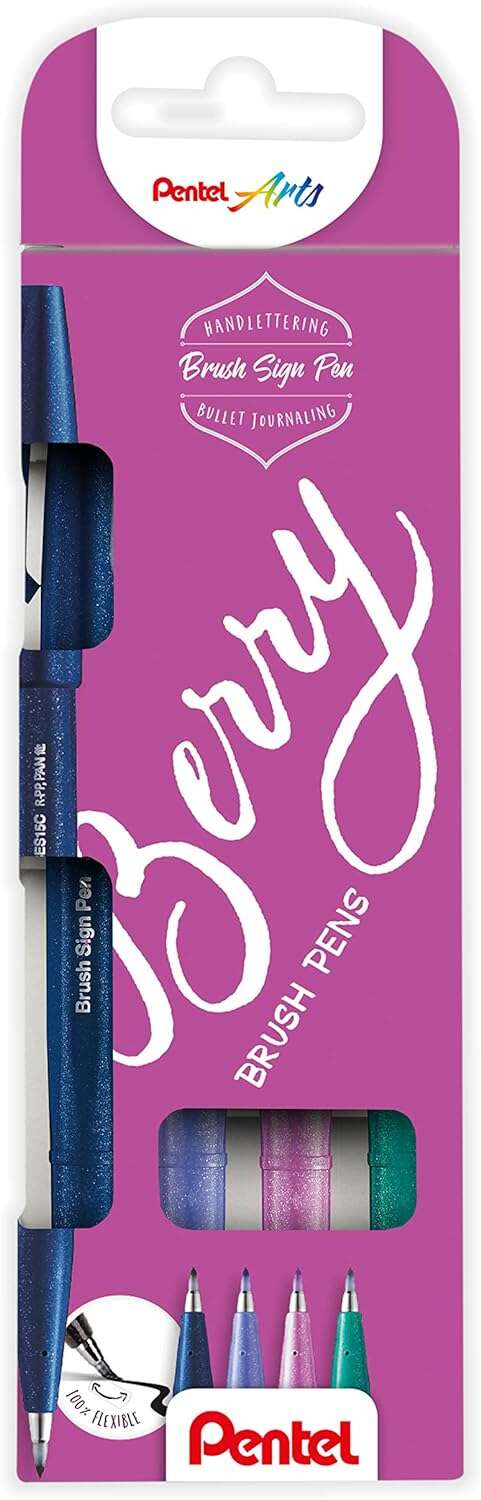 Pentel Brush Sing Pen Berry Pack de 4 Rotuladores con Punta de Pincel - Lineas Finas o Gruesas dependiendo de la Presion - Fabricados con 81% de Plasticos Recicldos - Colores Azul Marino, Az