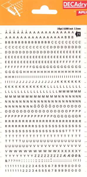 Apli Letras y Numeros Transferibles - 2.5mm - 731 Caracteres - Facil Aplicacion y Gran Adherencia - Negros