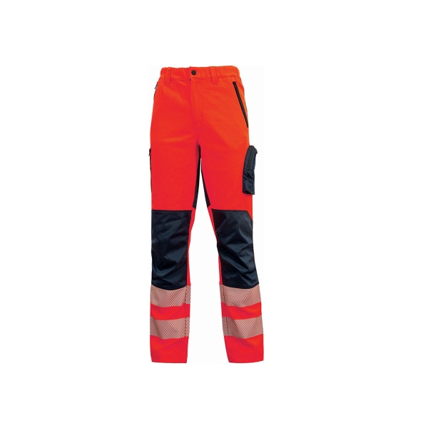 Upower Roy Pantalones de Alta Visibilidad Elasticos - Talla 2XL - Tejido Stretch, Multiples Bolsillos con Cierre Zip, Cintura Elastica, Rodillas Preformadas, Proteccion DPI2 - Color Rojo Flu