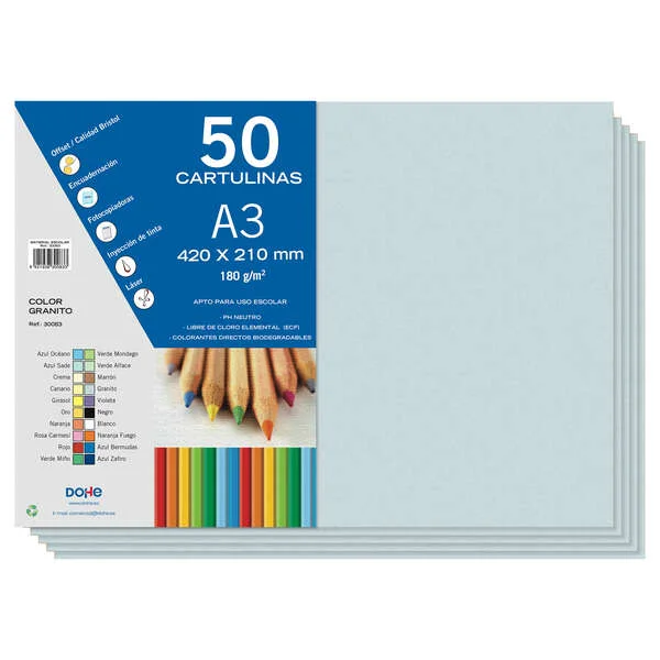 Dohe Pack de 50 Cartulinas A3 de 180gr - Con PH Neutro - Libres de Cloro Elemental - Color Granito