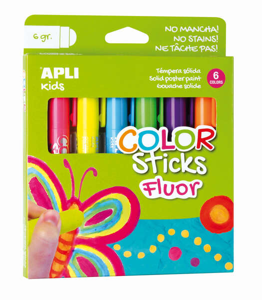 Apli Color Sticks Pack con 6 Temperas Solidas de 6g en Colores Fluor - Acabado Satinado - Secado Rapido - Efecto Cera o Tempera Segun la Presion Ejercida