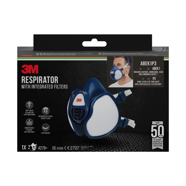 3M Mascarilla de Media Cara - Filtros Integrados - Proteccion Combinada - Reutilizable - Color Azul/Blanco