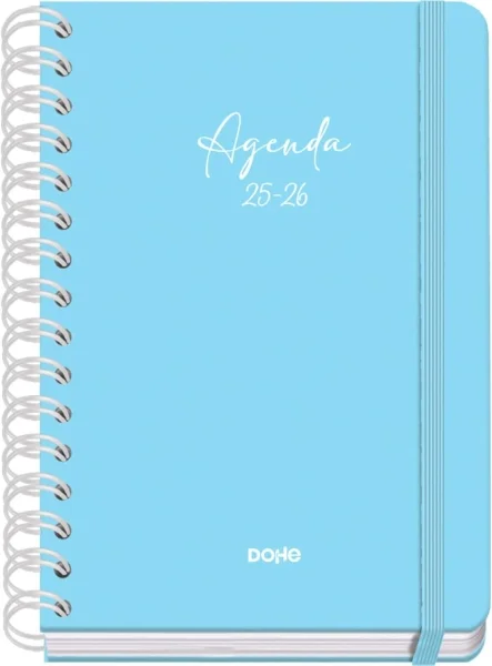 Dohe Serenity Agenda Escolar 25/26 Espiral Wire’o A5 - Semana Vista - Papel 80g/m2 - 4 Hojas de Pegatinas - Cubierta de Carton Plastificado - Cierre con Goma Elastica - Color Azul