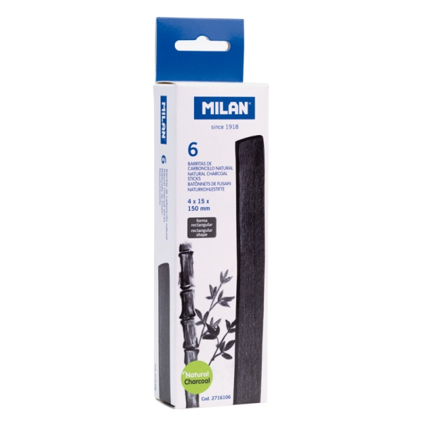 Milan Pack de 6 Barritas de Carboncillo - Natural - Rectangular 15x4mm - Color Negro