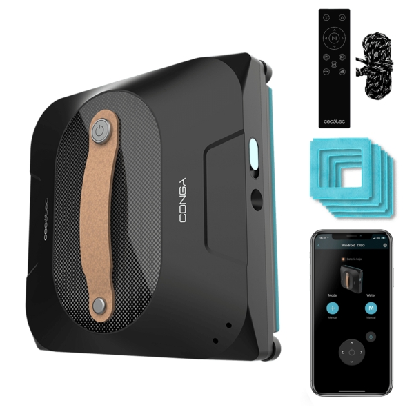 Cecotec Conga Windroid 1390 DoubleSpray Connected Robot Limpiacristales 3 en 1 - Incluye 4 Mopas - 8 Modos - Control App y Mando - Doble Spray - Ideal para Grandes Ventanas - Cuadrado - Colo