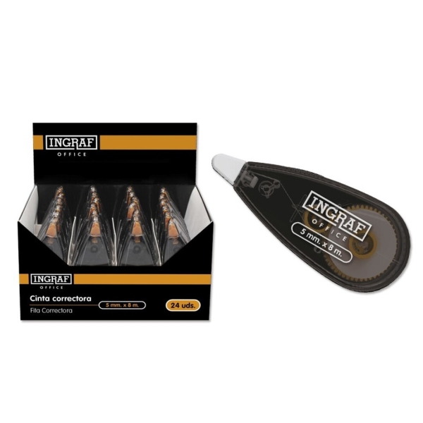Ingraf Cinta Correctora 5mm x 8m - Cuerpo Transparente - Forma Ergonomica · Pack de 24 uds.