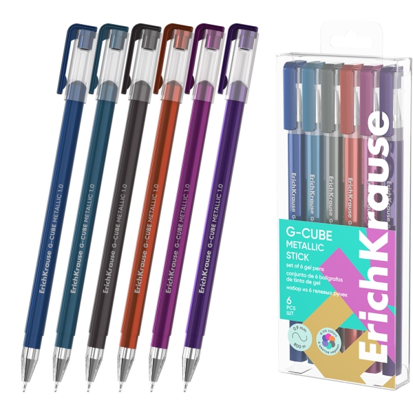 ErichKrause G-Cube Stick Metallic Pack de 6 Boligrafos con Capuchon - Punta de 1.0mm - Trazo 0.9mm - Tapa Ventilada - Colores Surtidos