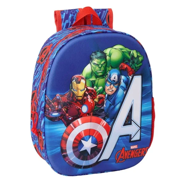 Safta Avengers Mochila 3D de 8.64L - Portabotellas - Tarjeta de Identificacion Personal - Hombreras Acolchadas - 27x33x10cm - Color Rojo y Azul