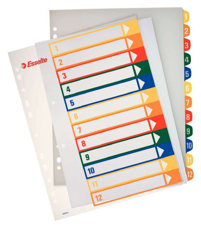 Esselte Indice para Proyectos Imprimible A4 Maxi Tipo 1-12 Multicolor - Multitaladro - Material PP Rigido 300 Micras, Portada 350 Micras