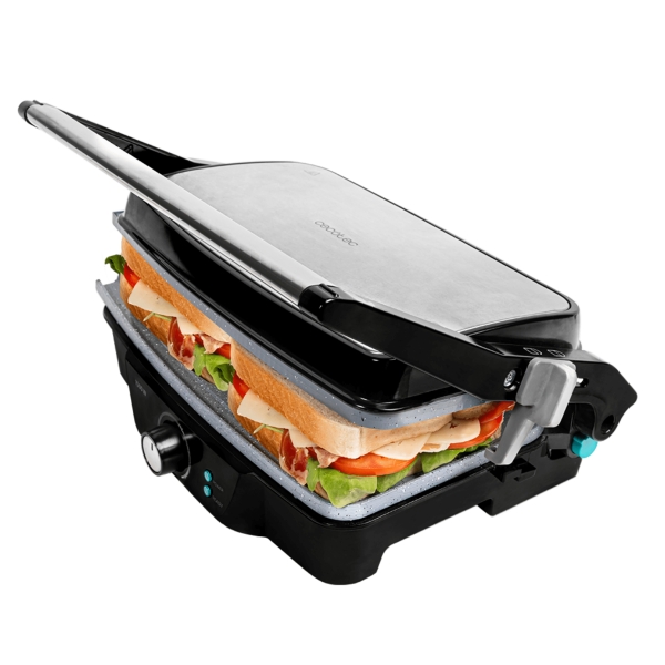 Cecotec Rock’nGrill 1500 Stone Ceramic Mix and Grill Parrilla Electrica - Potencia 1500W - Apertura 180º - Revestimento de Ceramica - Libre de Ptfe y Pfoa - Base Antideslizante - Color Negro