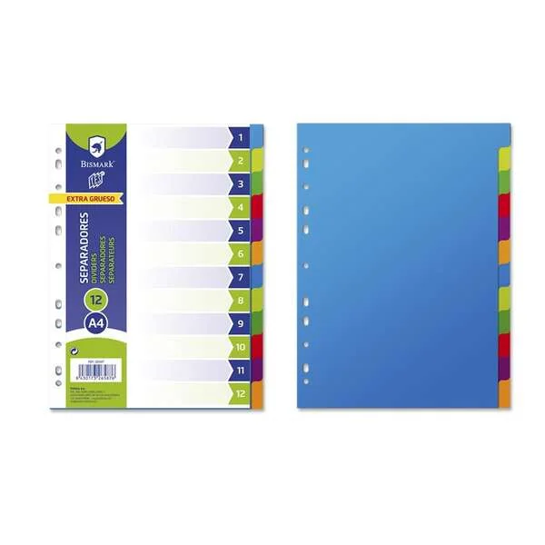 Bismark Pack de 12 Separadores - Tamaño A4 - Extragruesos - Fabricados en Polipropileno - Colores Surtidos