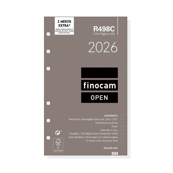 Finocam R498C Recambio Anual 2026 para Agendas Open 2026 en Catalan - Formato 400 - 91x16x152mm - 1 Dia por Pagina - Color Blanco
