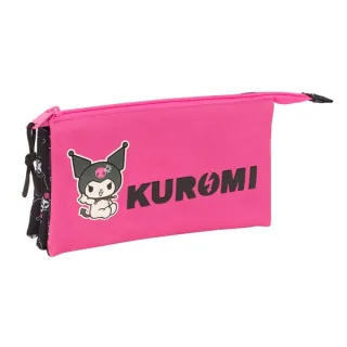 Safta Kuromi Portatodo - 3 Compartimentos con Cremalleras - Bolsillo Interior - 0.6L - 220x30x120mm - Color Negro y Rosa
