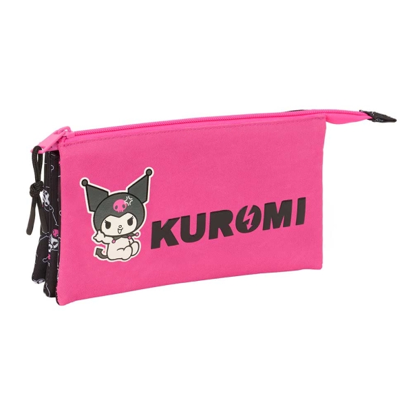 Safta Kuromi Portatodo - 3 Compartimentos con Cremalleras - Bolsillo Interior - 0.6L - 220x30x120mm - Color Negro y Rosa