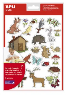 Apli Bolsa de Gomets Tematicos el Bosque - 69 Gomets en 3 Hojas - Ilustraciones Educativas de Animales y Objetos del Bosque - Adhesivo Removible - Adhesivo Base Agua - Libre de Disolventes -