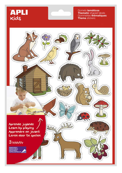 Apli Bolsa de Gomets Tematicos el Bosque - 69 Gomets en 3 Hojas - Ilustraciones Educativas de Animales y Objetos del Bosque - Adhesivo Removible - Adhesivo Base Agua - Libre de Disolventes -