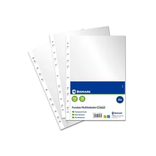Bismark Pack de 100 Fundas Multitaladro Tamaño A4 35 Micras - Acabado en Cristal - Ideal para Carpetas con Mecanismo de Anillas