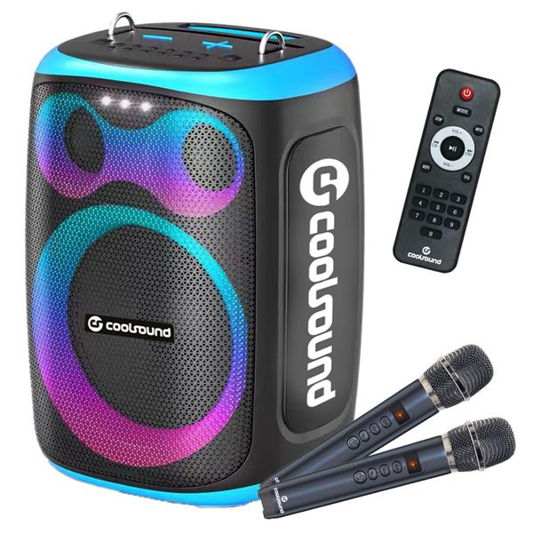 Coolsound Blast Altavoz Karaoke - 8" - 60W RMS - Iluminacion RGB - Bluetooth, USB, Tarjeta TF y Auxiliar - 2 Microfonos Inalambricos Incluidos - Mando a Distancia - Color Azul