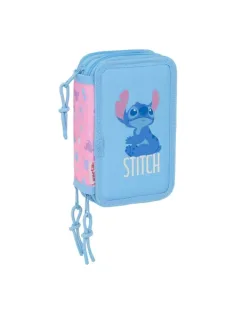 Safta Stitch Bright Plumier de 3 Pisos - 37 Piezas - 1.3L - Goma - Lapiz - Boligrafos - Sacapuntas - Reglas - 16 Colores - 14 Rotuladores - 125x55x195mm - Color Azul