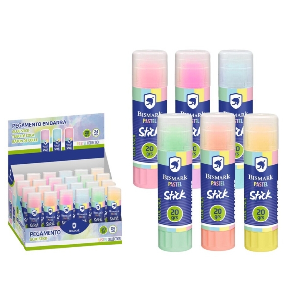 Bismark Pastel Barra de Pegamento 20gr - Multiusos - Sin Disolventes - Uso Escolar - Colores Pastel Surtidos · Pack de 24 uds.