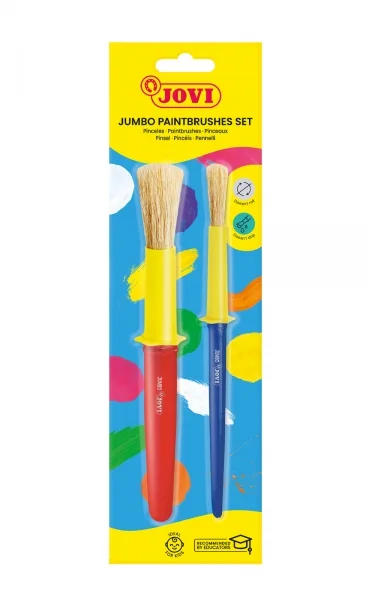 Jovi Jumbo Paint Brushes Pack 1 Pincel Mediano + 1 Pincel Grueso - Pelo Natural - Mango de Plastico - No Gotean - Facil Limpieza - Sistema de Corona Anti-Rodamiento - Color Varios