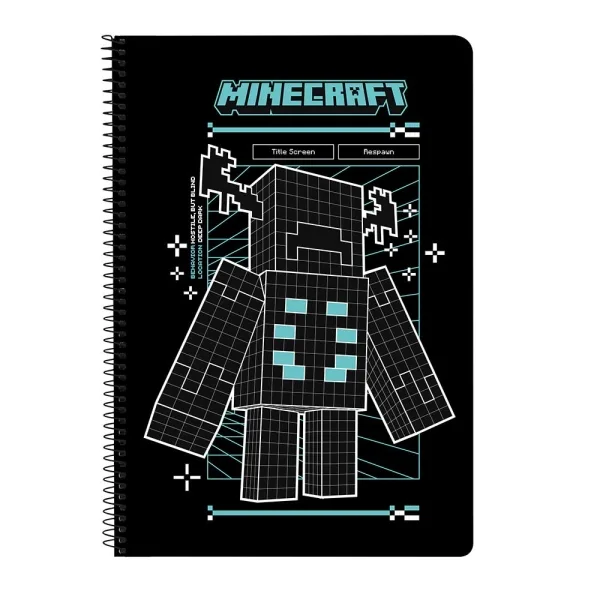 Safta Minecraft Screen Libreta con Espiral - Formato Folio - 80 Hojas de 80g/m2 - Cuadricula 4x4mm - Tapas Duras Glasofonadas - 21.5x31x1cm - Color Negro