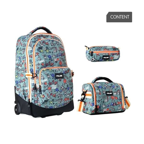 Milan Sports Pack de Mochila con Ruedas 25L + Bolsa Isotermica Porta Alimentos de 5L + Estuche de 2 Cremalleras