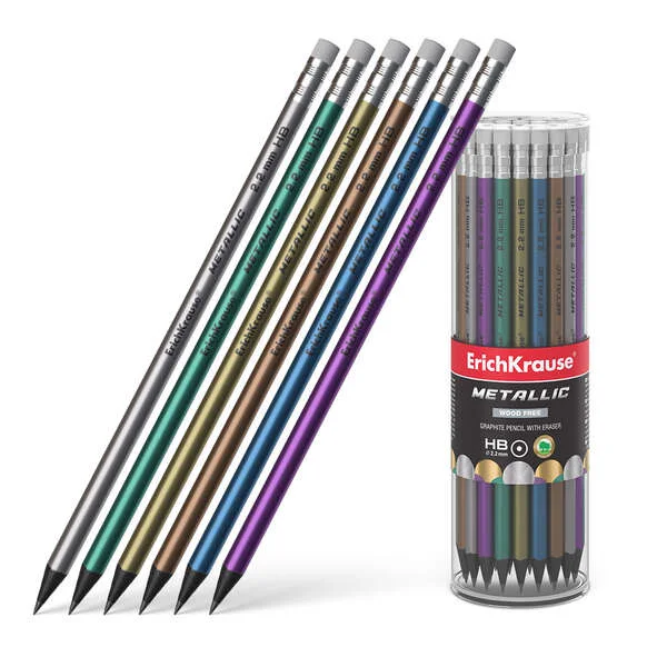 Erichkrause Metallic Lapiz de Grafito HB con Goma de Borrar - Cuerpo Redondo de Plastico - Colores Surtidos · Pack de 42 uds.