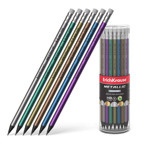 Erichkrause Metallic Lapiz de Grafito HB con Goma de Borrar - Cuerpo Redondo de Plastico - Colores Surtidos · Pack de 42 uds.
