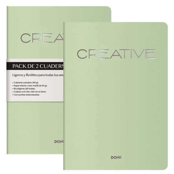 Dohe Creative Cuaderno Notebook A4 40 Hojas Lisas - Papel Ahuesado 90 g/m2 - Tapa en Cartulina 300g/m2 - Color Verde · Pack de 2 uds.