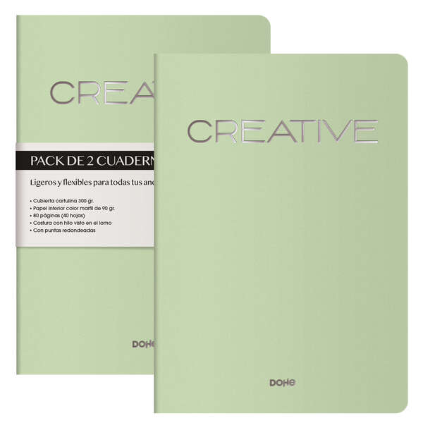 Dohe Creative Cuaderno Notebook A4 40 Hojas Lisas - Papel Ahuesado 90 g/m2 - Tapa en Cartulina 300g/m2 - Color Verde · Pack de 2 uds.