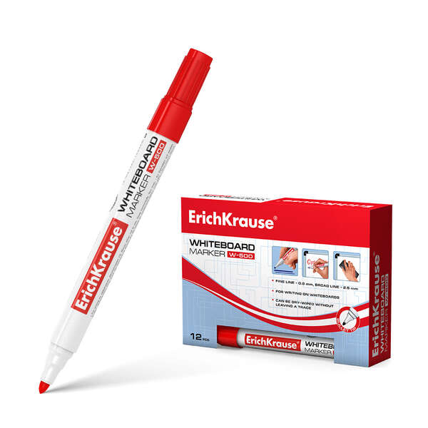 Erichkrause W-500 Rotulador para Pizarra Blanca - Punta en Forma de Bala - Trazo de 0.8 a 2.5mm - Tinta a Base de Alcohol - Color Rojo · Pack de 12 uds.
