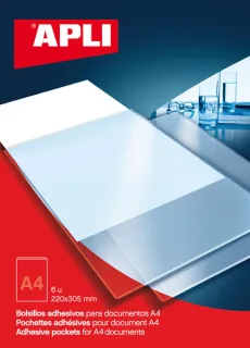 Apli Bolsillos Adhesivos A4 - Bolsa con 6 Bolsillos - Ideal para Carpesanos, Carpetas y Libros - Añade Un Bolsillo Adicional para Documentos e Imagenes