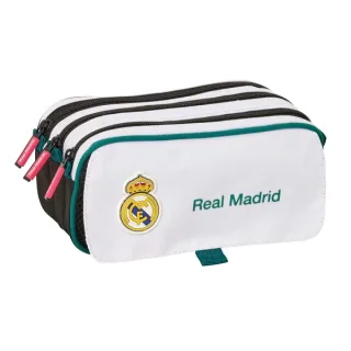 Safta Real Madrid Equipacion 26/27 Portatodo - 3 Compartimentos con Cremallera - Cinta Trasera Adaptable - Bolsillo Frontal de Rejilla con Velcro - 21.5x10x8cm - Color Blanco y Negro