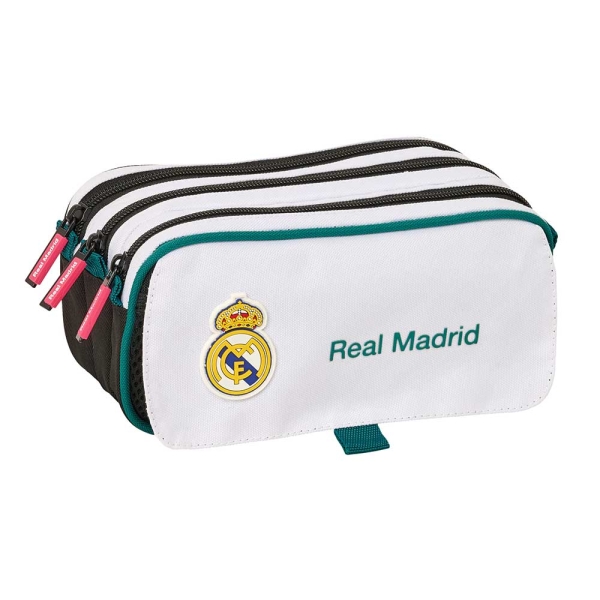 Safta Real Madrid Equipacion 26/27 Portatodo - 3 Compartimentos con Cremallera - Cinta Trasera Adaptable - Bolsillo Frontal de Rejilla con Velcro - 21.5x10x8cm - Color Blanco y Negro