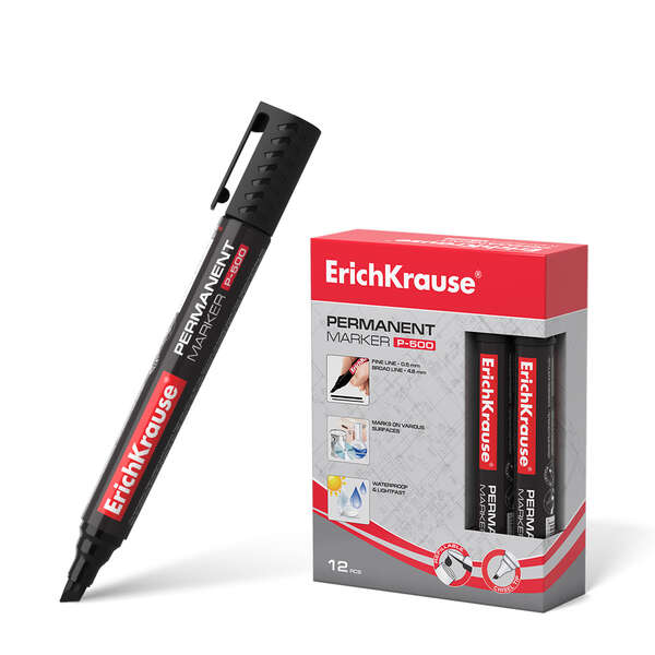 Erichkrause Marcador Permanente P-500 - Punta Biselada - Resistente al Agua y a los Rayos UV - Color Negro · Pack de 12 uds.