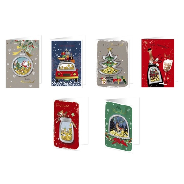 Bismark Tarjeta de Felicitacion Navideña con Sobre - Decorada con Confetti - 6 Diseños Diferentes · Pack de 24 uds.