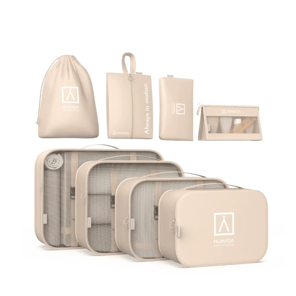 Numada Midweek A80 Pack de 8 Organizadores de Maleta - Poliester Impermeable - Malla Semitransparente - Cremallera con Doble Tirador - Color Beige
